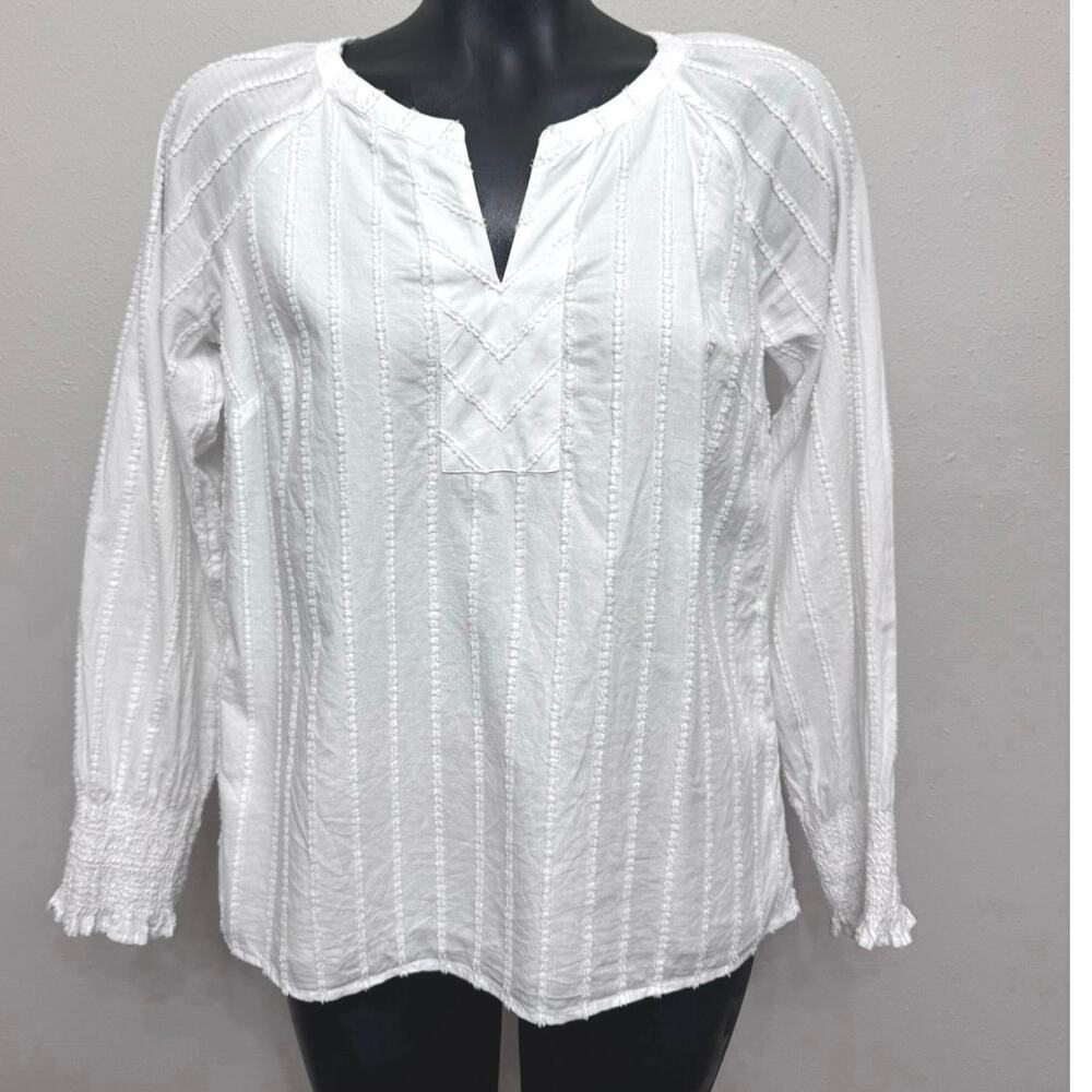 Talbots White Gauze Tunic Top Sz. S Elastic‎ Cuffs V-Neck Boho Cottage Coquette